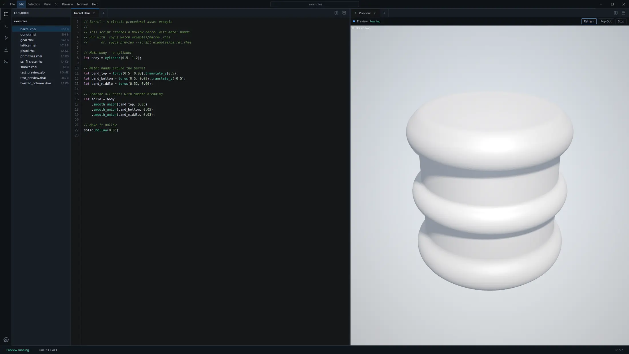 Soyuz Studio workbench showing a Rhai script beside a docked 3D preview tab
